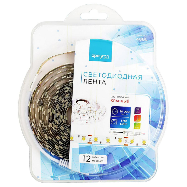 Светодиодная лента Apeyron 14,4W/m 60LED/m 5050SMD красный 5M 48BL Светодиодная лента Apeyron 14,4W/m 60LED/m 5050SMD красный 5M 48BL