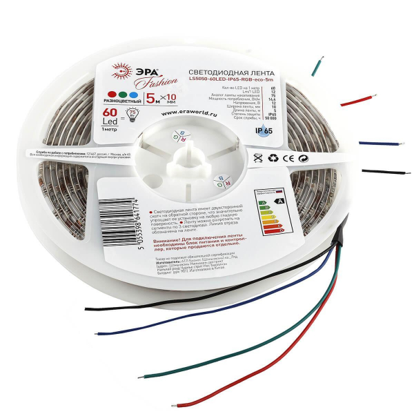 Светодиодная влагозащищенная лента ЭРА 14,4W/m 60LED/m 5050SMD RGB 5M LS5050-14,4-60-12-RGB-IP65-1 Б0002347 Светодиодная влагозащищенная лента ЭРА 14,4W/m 60LED/m 5050SMD RGB 5M LS5050-14,4-60-12-RGB-IP65-1 Б0002347