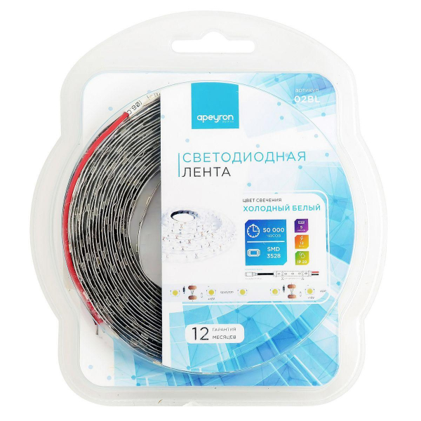 Светодиодная лента Apeyron 4,8W/m 60LED/m 3528SMD холодный белый 5M 02BL Светодиодная лента Apeyron 4,8W/m 60LED/m 3528SMD холодный белый 5M 02BL