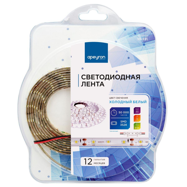 Светодиодная влагозащищенная лента Apeyron 4,8W/m 60LED/m 3528SMD холодный белый 2,5M 10-131 Светодиодная влагозащищенная лента Apeyron 4,8W/m 60LED/m 3528SMD холодный белый 2,5M 10-131