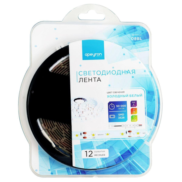 Светодиодная влагозащищенная лента Apeyron 4,8W/m 60LED/m 3528SMD холодный белый 5M 08BL Светодиодная влагозащищенная лента Apeyron 4,8W/m 60LED/m 3528SMD холодный белый 5M 08BL