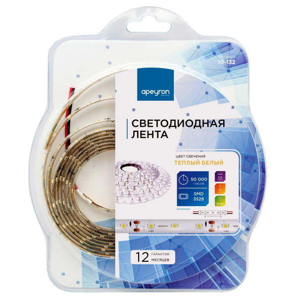 Светодиодная влагозащищенная лента Apeyron 4,8W/m 60LED/m 3528SMD теплый белый 2,5M 10-132 Светодиодная влагозащищенная лента Apeyron 4,8W/m 60LED/m 3528SMD теплый белый 2,5M 10-132