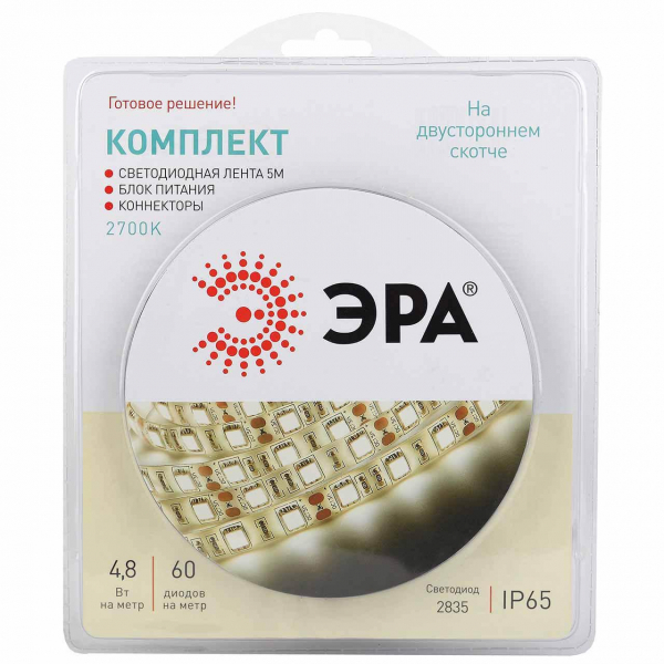 Светодиодная влагозащищенная лента ЭРА 4,8W/m 60LED/m 2835SMD теплый белый 5M 2835kit-4,8-60-12-IP65-2700-5m Б0043064 Светодиодная влагозащищенная лента ЭРА 4,8W/m 60LED/m 2835SMD теплый белый 5M 2835kit-4,8-60-12-IP65-2700-5m Б0043064