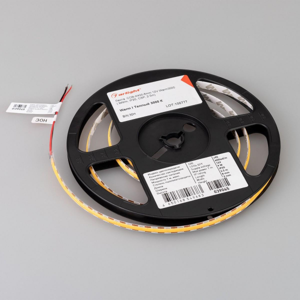 Светодиодная лента Arlight 9W/m 400LED/m CSPSMD теплый белый 2,5M COB-X400-8mm 12V Warm3000 039045 Светодиодная лента Arlight 9W/m 400LED/m CSPSMD теплый белый 2,5M COB-X400-8mm 12V Warm3000 039045