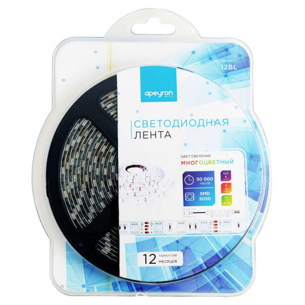 Светодиодная влагозащищенная лента Apeyron 14,4W/m 60LED/m 5050SMD разноцветная 5M 12BL Светодиодная влагозащищенная лента Apeyron 14,4W/m 60LED/m 5050SMD разноцветная 5M 12BL