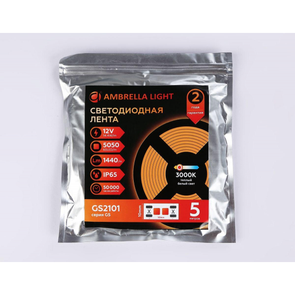 Светодиодная влагозащищенная лента Ambrella Light 14,4W/m 60LED/m 5050SMD теплый белый 5M GS2101 Светодиодная влагозащищенная лента Ambrella Light 14,4W/m 60LED/m 5050SMD теплый белый 5M GS2101