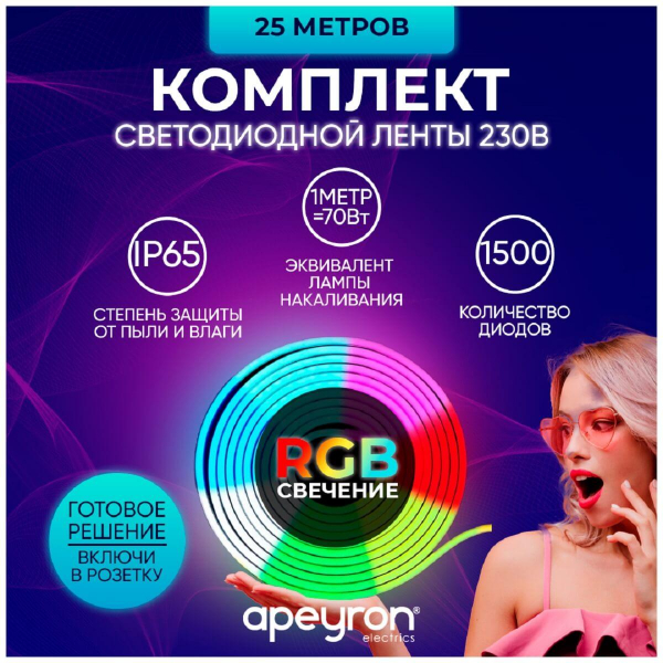 Светодиодная влагозащищенная лента Apeyron 12W/m 60LED/m 5050SMD разноцветная 25M 10-50 Светодиодная влагозащищенная лента Apeyron 12W/m 60LED/m 5050SMD разноцветная 25M 10-50
