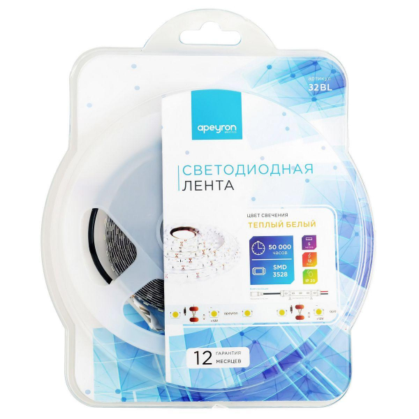 Светодиодная лента Apeyron 9,6W/m 120LED/m 3528SMD теплый белый 5M 32BL Светодиодная лента Apeyron 9,6W/m 120LED/m 3528SMD теплый белый 5M 32BL