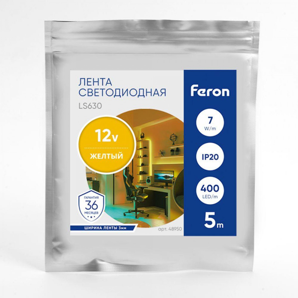 Светодиодная лента Feron 7W/m 400LED/m COB желтый 5М LS630 48950 Светодиодная лента Feron 7W/m 400LED/m COB желтый 5М LS630 48950