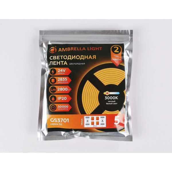 Светодиодная лента Ambrella Light 24W/m 240LED/m 2835SMD теплый белый 5M GS3701 Светодиодная лента Ambrella Light 24W/m 240LED/m 2835SMD теплый белый 5M GS3701