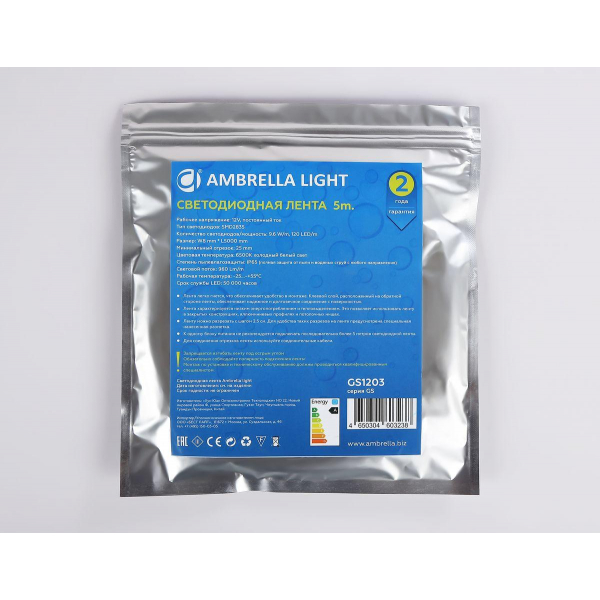 Светодиодная влагозащищенная лента Ambrella Light 9,6W/m 120LED/m 2835SMD холодный белый 5M GS1203 Светодиодная влагозащищенная лента Ambrella Light 9,6W/m 120LED/m 2835SMD холодный белый 5M GS1203