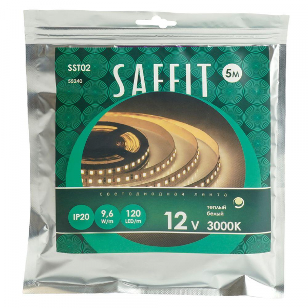 Светодиодная лента Saffit 9,6W/m 120LED/m 2835SMD теплый белый 5М SST02 55240 Светодиодная лента Saffit 9,6W/m 120LED/m 2835SMD теплый белый 5М SST02 55240