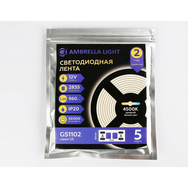 Светодиодная лента Ambrella Light 9,6W/m 120LED/m 2835SMD дневной белый 5M GS1102 Светодиодная лента Ambrella Light 9,6W/m 120LED/m 2835SMD дневной белый 5M GS1102