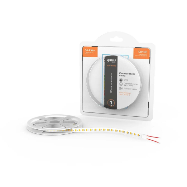 Светодиодная лента Gauss 14,4W/m 120LED/m 2835SMD теплый белый 3M BT082 Светодиодная лента Gauss 14,4W/m 120LED/m 2835SMD теплый белый 3M BT082