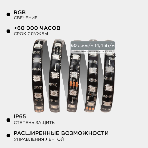 Комплект адресной светодиодной ленты Apeyron 14,4W/m 60LED/m 5050SMD RGB 5M 10-98
