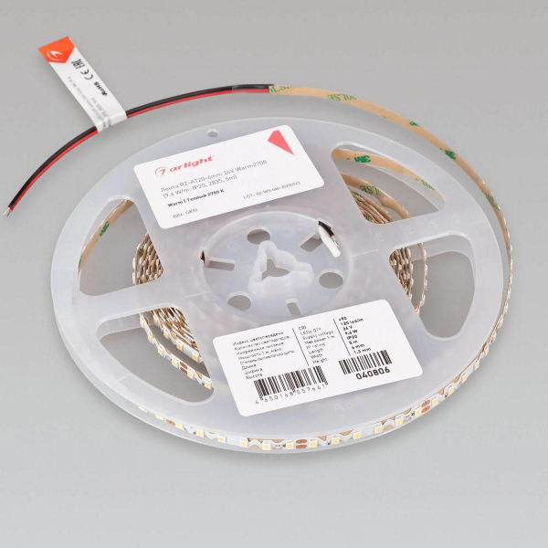 Светодиодная лента Arlight 9,6W/m 120LED/m 2835SMD теплый белый RZ-A120-6mm 24V 040806 Светодиодная лента Arlight 9,6W/m 120LED/m 2835SMD теплый белый RZ-A120-6mm 24V 040806