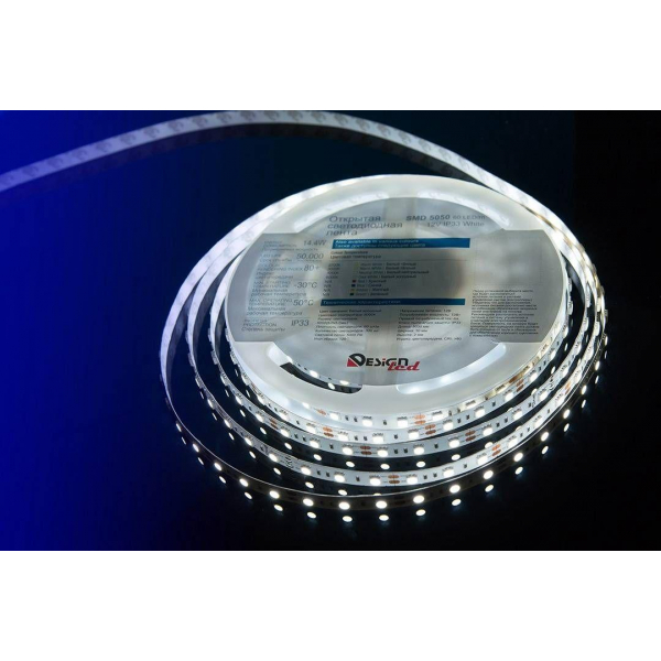 Светодиодная влагозащищенная лента DesignLed 14,4W/m 60LED/m 5050SMD холодный белый 5M 000513 Светодиодная влагозащищенная лента DesignLed 14,4W/m 60LED/m 5050SMD холодный белый 5M 000513