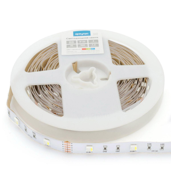 Светодиодная лента Apeyron 7,2W/m 30LED/m 5050SMD разноцветная/холодный белый 5M 00-100 Светодиодная лента Apeyron 7,2W/m 30LED/m 5050SMD разноцветная/холодный белый 5M 00-100