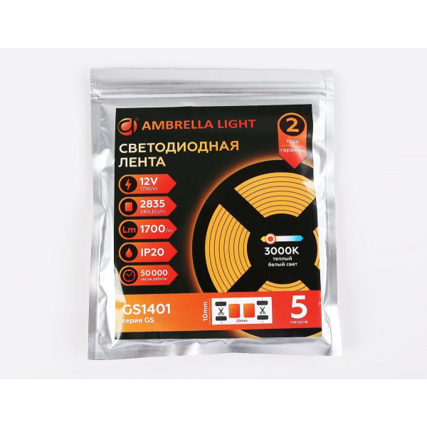 Светодиодная лента Ambrella Light 17W/m 240LED/m 2835SMD теплый белый 5M GS1401 Светодиодная лента Ambrella Light 17W/m 240LED/m 2835SMD теплый белый 5M GS1401