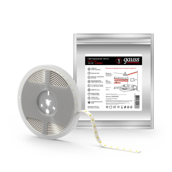Светодиодная лента Gauss 4,8W/m 60LED/m 2835SMD красный 5M 355000705 Светодиодная лента Gauss 4,8W/m 60LED/m 2835SMD красный 5M 355000705