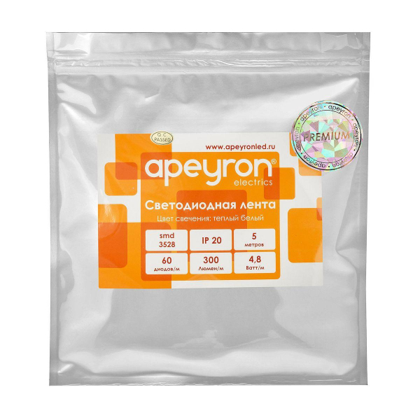 Светодиодная лента Apeyron 4,8W/m 60LED/m 2835SMD теплый белый 5M 00-403 Светодиодная лента Apeyron 4,8W/m 60LED/m 2835SMD теплый белый 5M 00-403