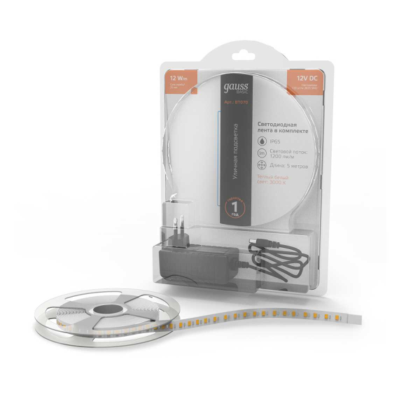 Светодиодная лента Gauss 12W/m 120LED/m 2835SMD теплый белый 5M BT070