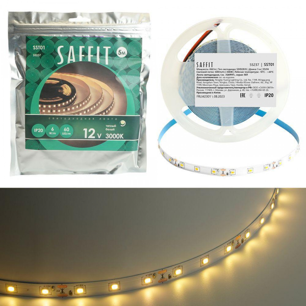 Светодиодная лента Saffit 6W/m 60LED/m 2835SMD теплый белый 5М SST01 55237 Светодиодная лента Saffit 6W/m 60LED/m 2835SMD теплый белый 5М SST01 55237