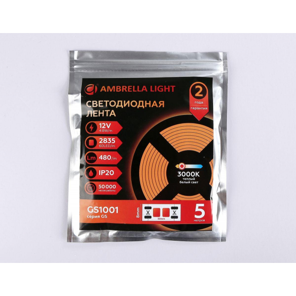 Светодиодная лента Ambrella Light 4,8W/m 60LED/m 2835SMD теплый белый 5M GS1001 Светодиодная лента Ambrella Light 4,8W/m 60LED/m 2835SMD теплый белый 5M GS1001
