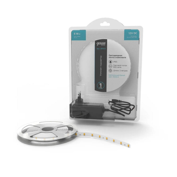 Светодиодная лента Gauss 6W/m 60LED/m 2835SMD нейтральный белый 5M BT014 Светодиодная лента Gauss 6W/m 60LED/m 2835SMD нейтральный белый 5M BT014