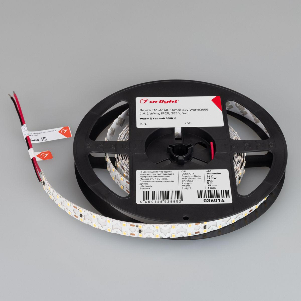 Светодиодная лента Arlight 19,2W/m 60Led/m 2835SMD теплый белый 5M RZ-A160-15mm 24V Warm2700 048010 Светодиодная лента Arlight 19,2W/m 60Led/m 2835SMD теплый белый 5M RZ-A160-15mm 24V Warm2700 048010