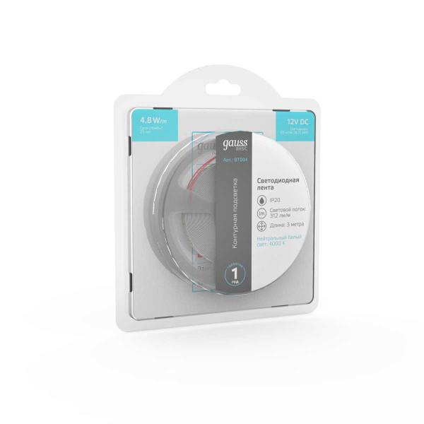 Светодиодная лента Gauss 4,8W/m 60LED/m 2835SMD нейтральный белый 3M BT004