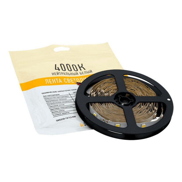 Светодиодная лента SWG 7,2W/m  30Led/m 5050SMD дневной белый 5M SWG530-12-7.2-NW-М 009259