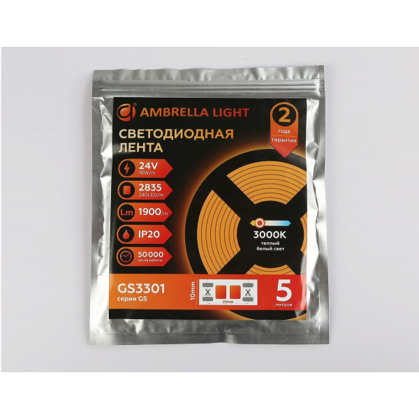 Светодиодная лента Ambrella Light 18W/m 240LED/m 2835SMD теплый белый 5M GS3301 Светодиодная лента Ambrella Light 18W/m 240LED/m 2835SMD теплый белый 5M GS3301