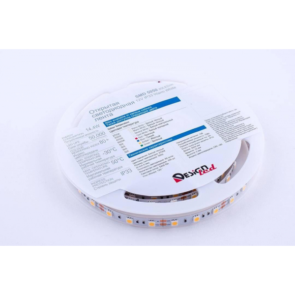 Светодиодная влагозащищенная лента DesignLed 14,4W/m 60LED/m 5050SMD теплый белый 5M 000516 Светодиодная влагозащищенная лента DesignLed 14,4W/m 60LED/m 5050SMD теплый белый 5M 000516