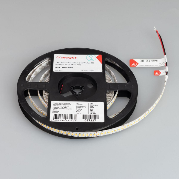 Светодиодная лента Arlight 20W/m 200LED/m 2835SMD холодный белый 5M UL-A200-10mm 24V White6000 037227 Светодиодная лента Arlight 20W/m 200LED/m 2835SMD холодный белый 5M UL-A200-10mm 24V White6000 037227