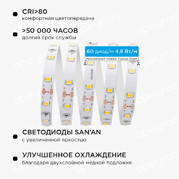 Светодиодная лента Apeyron 4,8W/m 60LED/m 3528SMD теплый белый 2,5M 10-08 Светодиодная лента Apeyron 4,8W/m 60LED/m 3528SMD теплый белый 2,5M 10-08