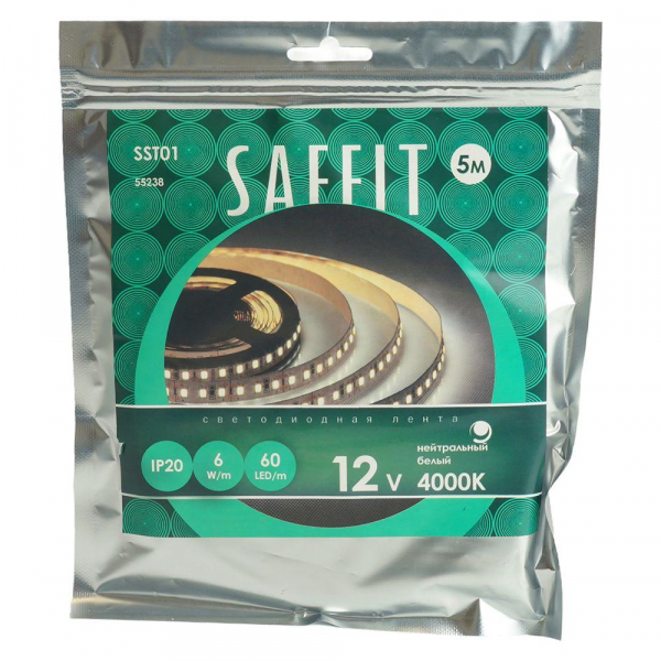 Светодиодная лента Saffit 6W/m 60LED/m 2835SMD дневной белый 5М SST01 55238 Светодиодная лента Saffit 6W/m 60LED/m 2835SMD дневной белый 5М SST01 55238