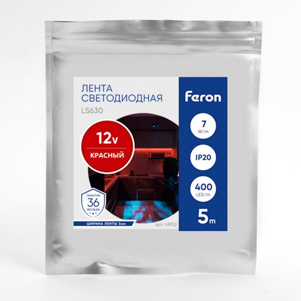 Светодиодная лента Feron 7W/m 400LED/m COB красный 5М LS630 48952 Светодиодная лента Feron 7W/m 400LED/m COB красный 5М LS630 48952