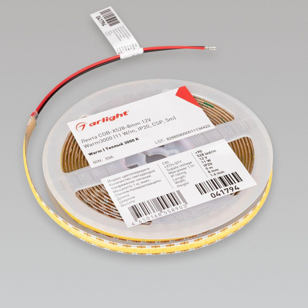Светодиодная лента Arlight 11W/m 528Led/m CSP теплый белый 5M COB-X528-8mm 12V Warm3000 041794 Светодиодная лента Arlight 11W/m 528Led/m CSP теплый белый 5M COB-X528-8mm 12V Warm3000 041794