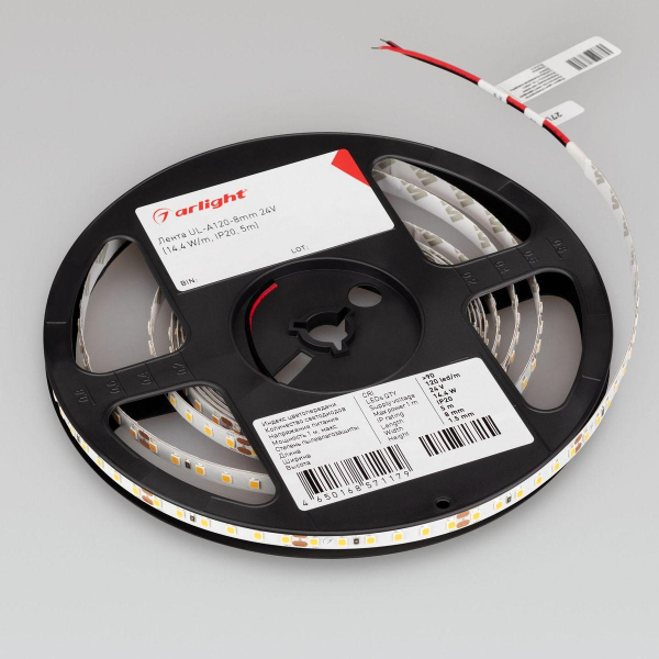 Светодиодная лента Arlight 4W/m 120Led/m 2835SMD теплый белый 5M UL-A120-8mm 24V Warm3000 042304 Светодиодная лента Arlight 4W/m 120Led/m 2835SMD теплый белый 5M UL-A120-8mm 24V Warm3000 042304