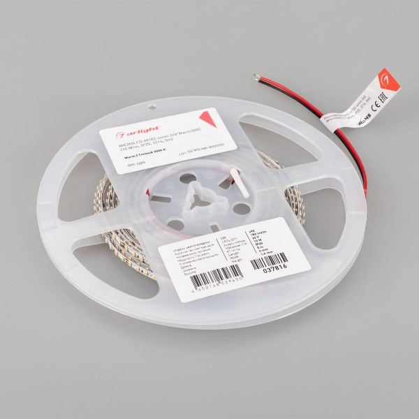 Светодиодная лента Arlight 10W/m 182LED/m 2216SMD теплый белый 5M MicroLed-M182-4mm 24V Warm3000 037816 Светодиодная лента Arlight 10W/m 182LED/m 2216SMD теплый белый 5M MicroLed-M182-4mm 24V Warm3000 037816