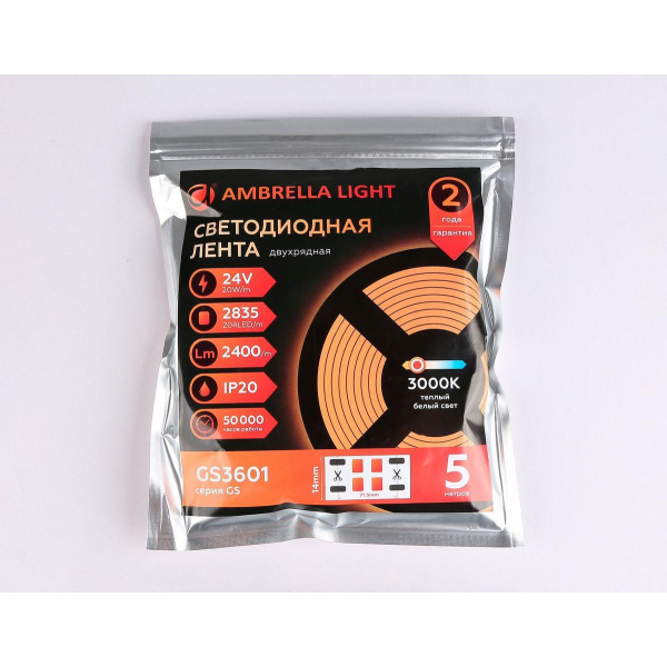 Светодиодная лента Ambrella Light 20W/m 204LED/m 2835SMD теплый белый 5M GS3601 Светодиодная лента Ambrella Light 20W/m 204LED/m 2835SMD теплый белый 5M GS3601