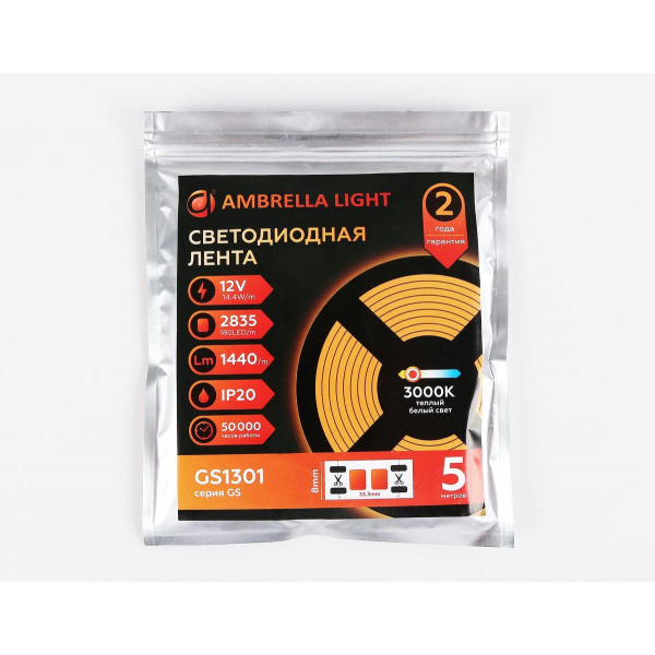 Светодиодная лента Ambrella Light 14,4W/m 180LED/m 2835SMD теплый белый 5M GS1301 Светодиодная лента Ambrella Light 14,4W/m 180LED/m 2835SMD теплый белый 5M GS1301