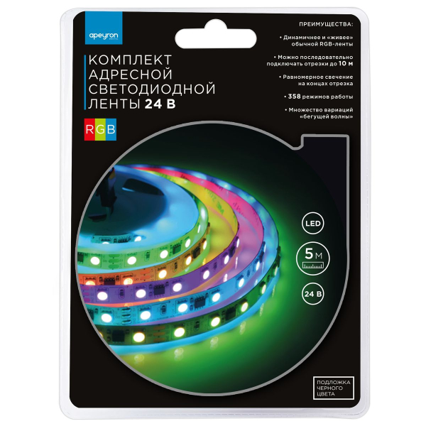 Комплект адресной светодиодной ленты Apeyron 14,4W/m 60LED/m 5050SMD RGB 5M 10-94