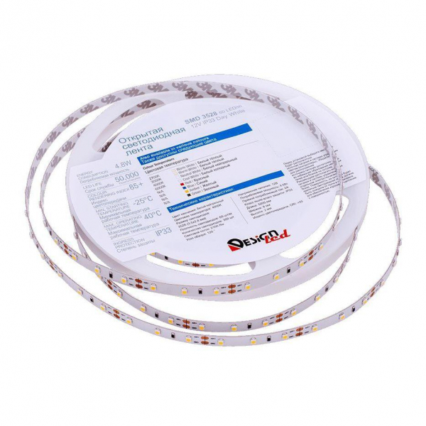 Светодиодная влагозащищенная лента DesignLed 4,8W/m 60LED/m 3528SMD нейтральный белый 5M 001818 Светодиодная влагозащищенная лента DesignLed 4,8W/m 60LED/m 3528SMD нейтральный белый 5M 001818
