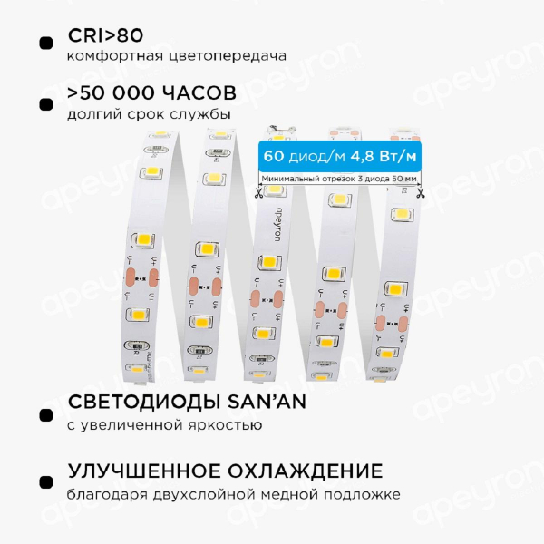 Светодиодная лента Apeyron 4,8W/m 60LED/m 5050SMD теплый белый 5M 10-11 Светодиодная лента Apeyron 4,8W/m 60LED/m 5050SMD теплый белый 5M 10-11