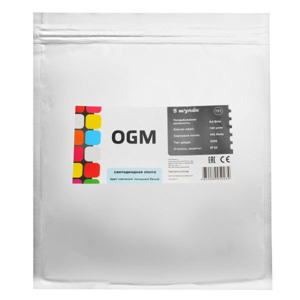 Светодиодная влагозащищенная лента OGM 9,6W/m 120LED/m 2835SMD холодный белый 5M LSE-151 Светодиодная влагозащищенная лента OGM 9,6W/m 120LED/m 2835SMD холодный белый 5M LSE-151