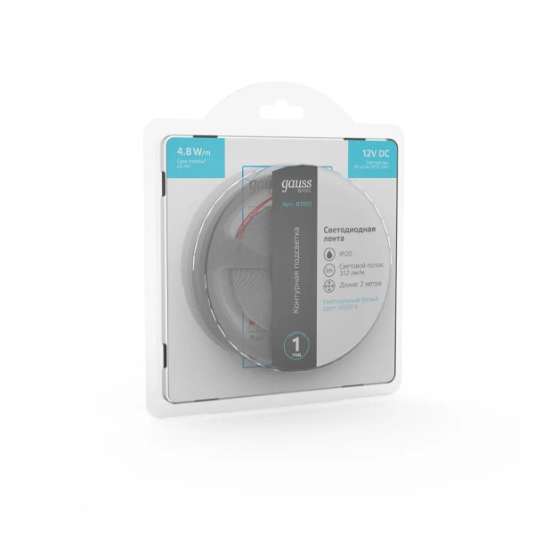 Светодиодная лента Gauss 4,8W/m 60LED/m 2835SMD нейтральный белый 2M BT001 Светодиодная лента Gauss 4,8W/m 60LED/m 2835SMD нейтральный белый 2M BT001