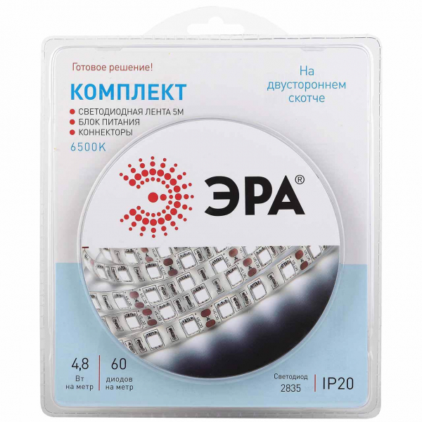 Светодиодная лента ЭРА 4,8W/m 60LED/m 2835SMD холодный белый 5M 2835kit-4,8-60-12-IP20-6500-5m Б0043061 Светодиодная лента ЭРА 4,8W/m 60LED/m 2835SMD холодный белый 5M 2835kit-4,8-60-12-IP20-6500-5m Б0043061