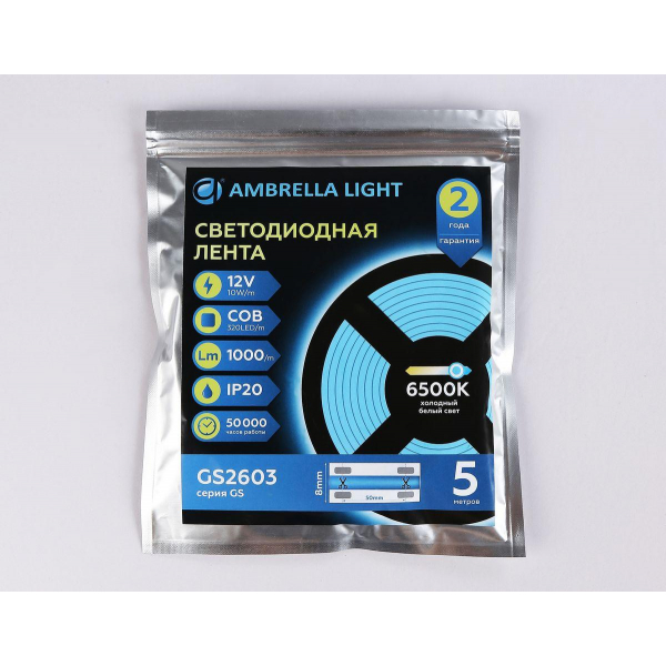 Светодиодная лента Ambrella Light 10W/m 320LED/m COB холодный белый 5M GS2603 Светодиодная лента Ambrella Light 10W/m 320LED/m COB холодный белый 5M GS2603